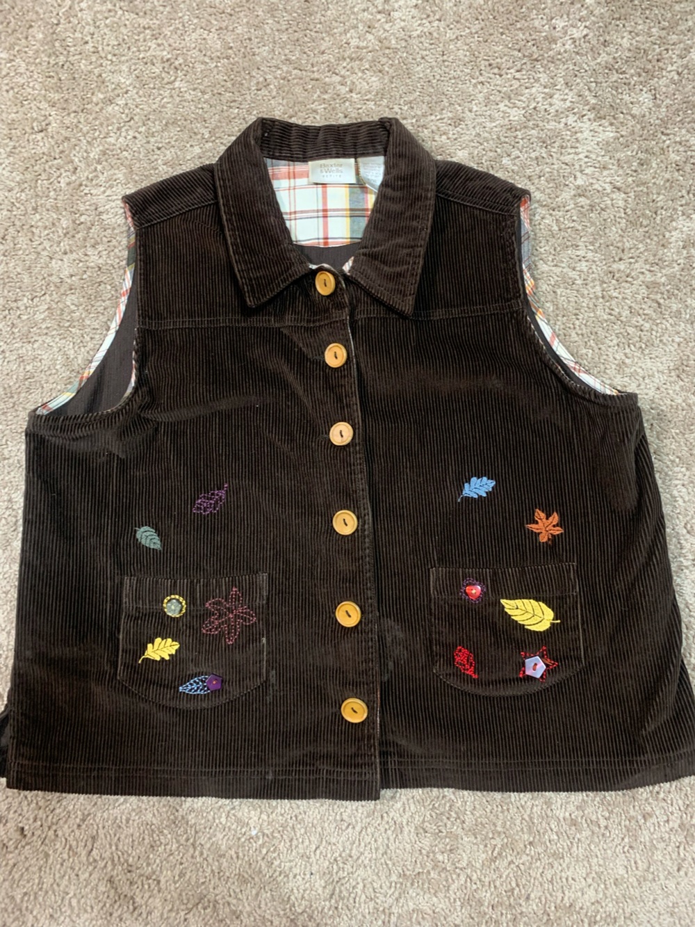 Corduroy Embroidered Leaf Vest - Brown